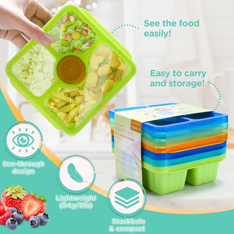 QQKO Bento Snack Boxes for Adults & Kids, Lunchable Meal Prep Containers - 4 Pack Divided Food Storage with Lids, Stackable Lunch Boxes with Sauce Cups, Jewel - Image 4